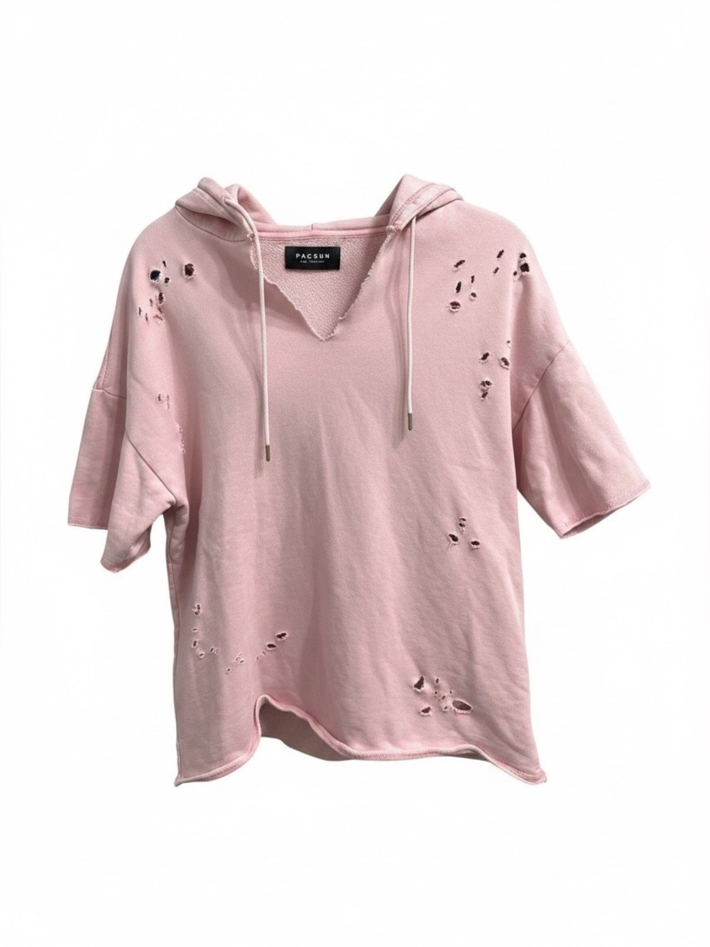 PacSun Light Pink Distressed Cotton Short Sleeve Unisex Hoodie Size M - Picture 4 of 10